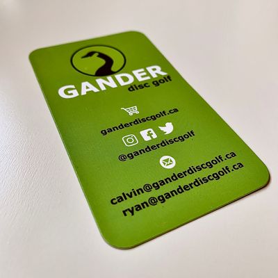 Gander Disc Golf business card including website, contact info, Facebook, Instagram, and Twitter.