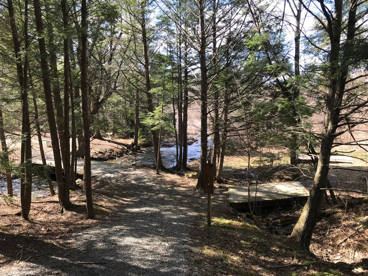 Nice hardscaping and brook running through the wooded holes