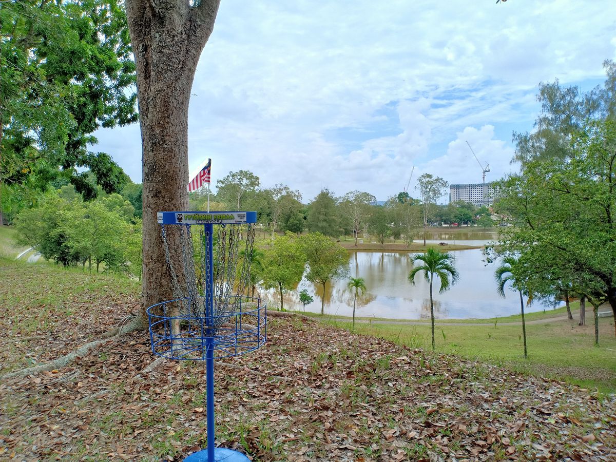 Hole #9 basket overlooking the Pelangi Indah lake.