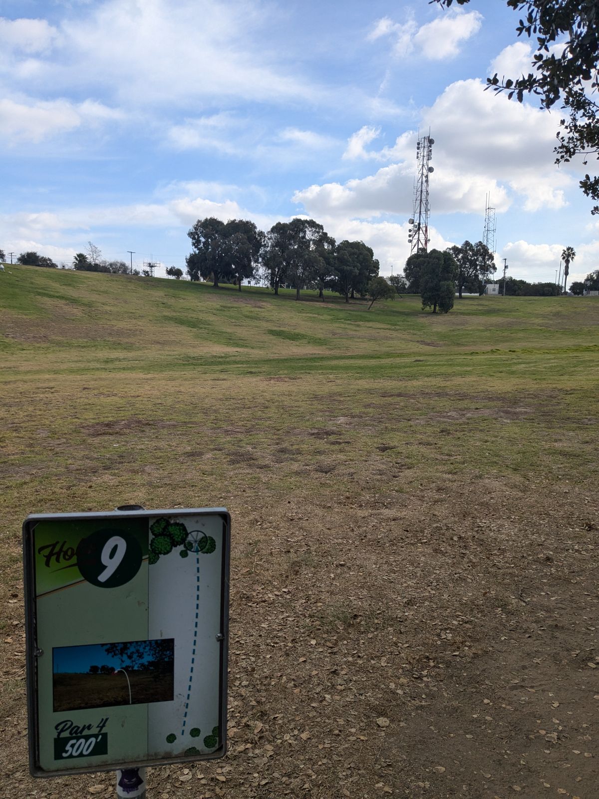 Hole #9 is across this field, basket location up the hill and slightly right between those cluster or trees. (Watch for mud, water drainage at bottom of hill.