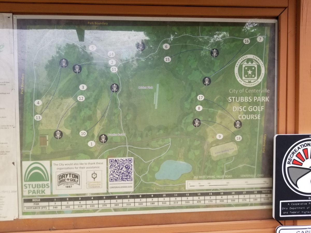 Map of the new layout. Not all listed distances seem correct. Holes 4, 9, 13, and 18 do not have a sign at the teebox.