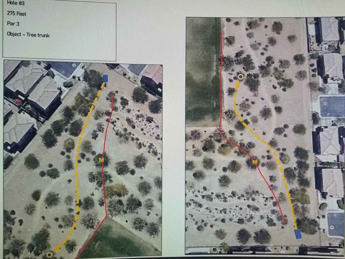 Hole 3 plays from a bush near the corner fence line. Watch the mando tree on the left which protects hole 2 obj. Field plays OB.