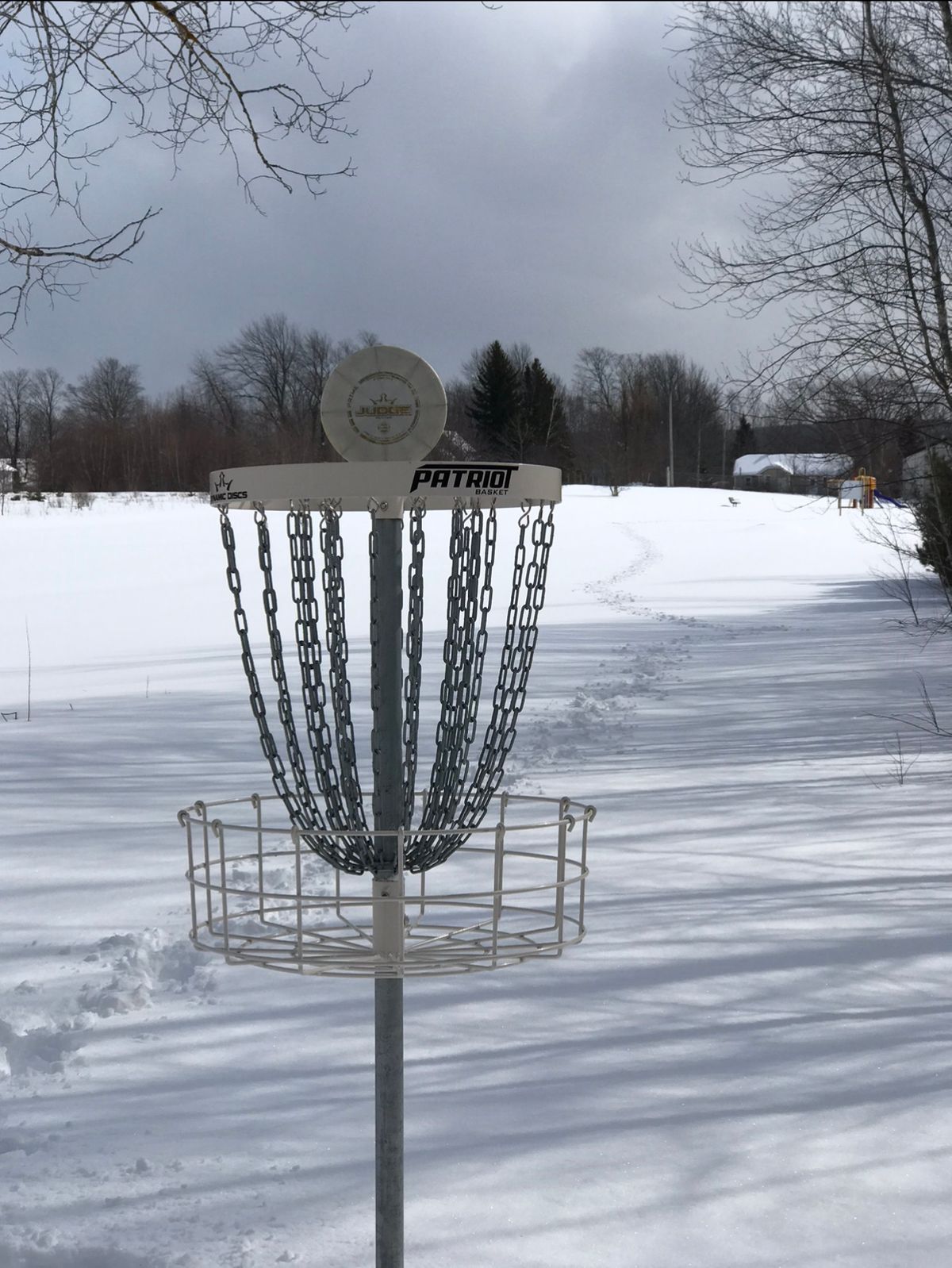 Winter hole 1 basket looking to tee area.
