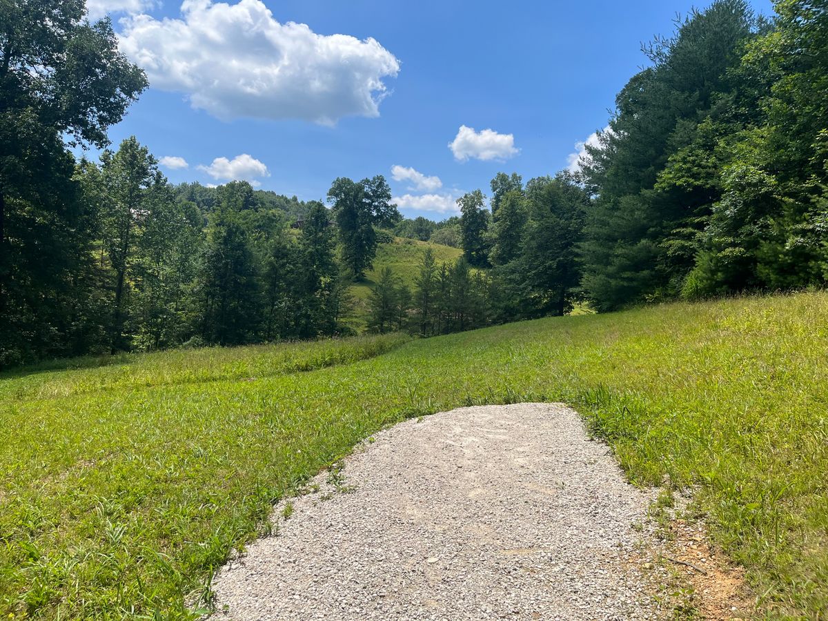 Finishes around the corner to the right, above the pound. Tee pad for hole 9 is down hill on the edge of the pond.  
