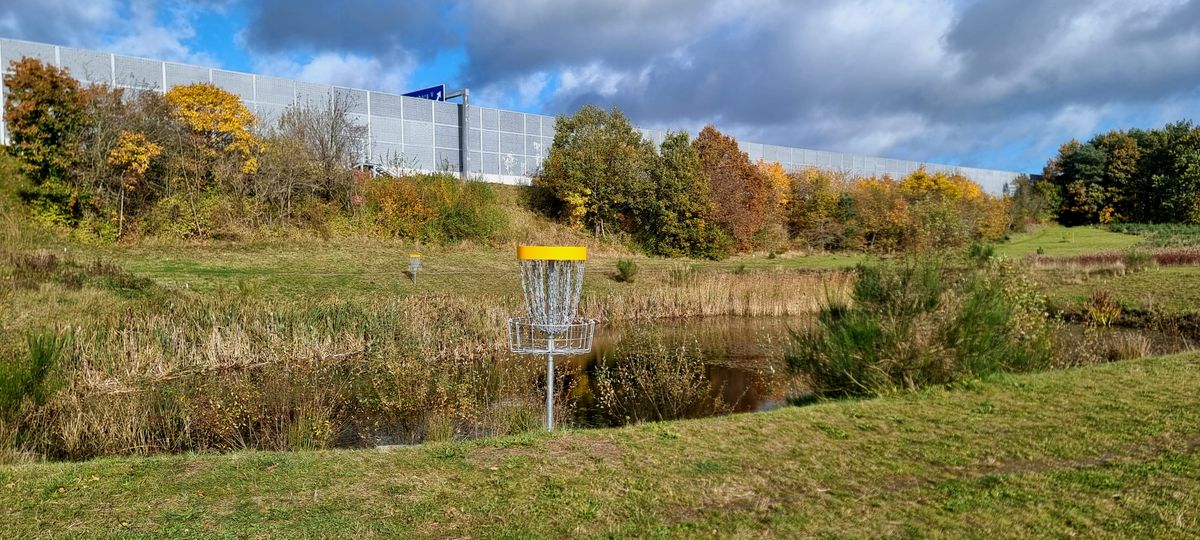 The basket with the pond behind it, on hole 12, serves as a nice backstop.