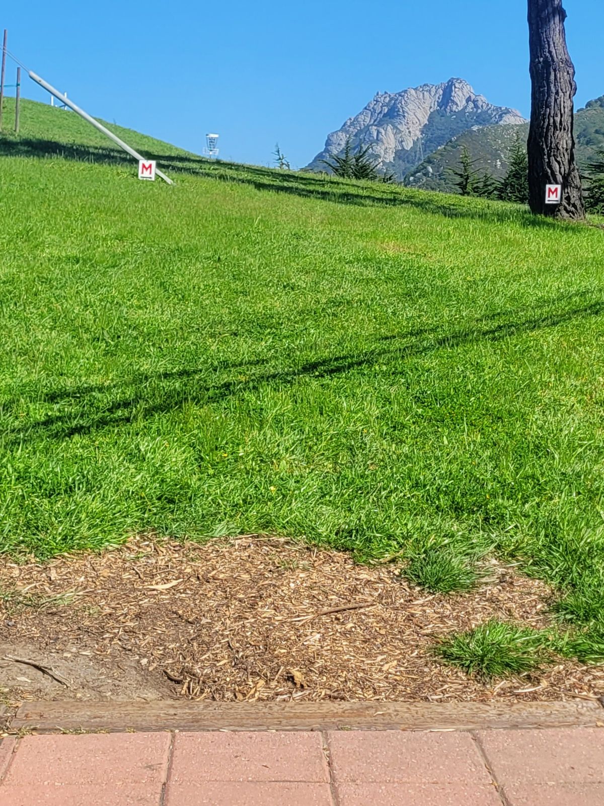 Hole 1 starts down by the street and looks back up the hill towards the crosses. Double-Mando keeps you aiming straight.
