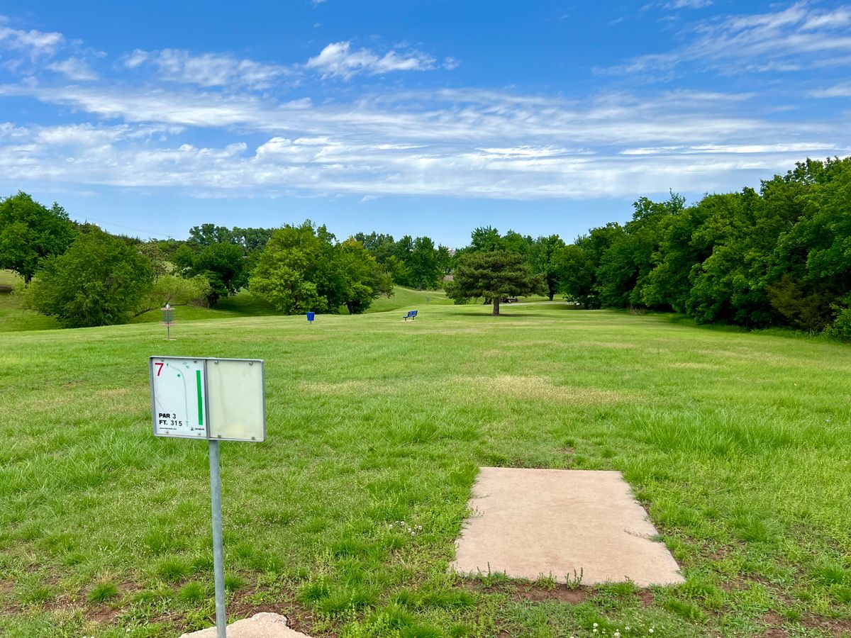 Hole 7. 315 ft par 3. Slightly downhill with trees all the way along the right.