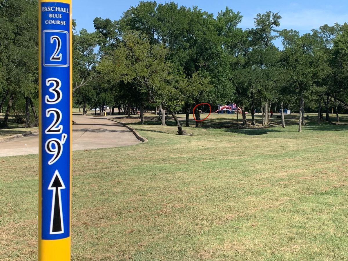 Hole 2. 329 feet. Blue Tee. Basket is circled.
