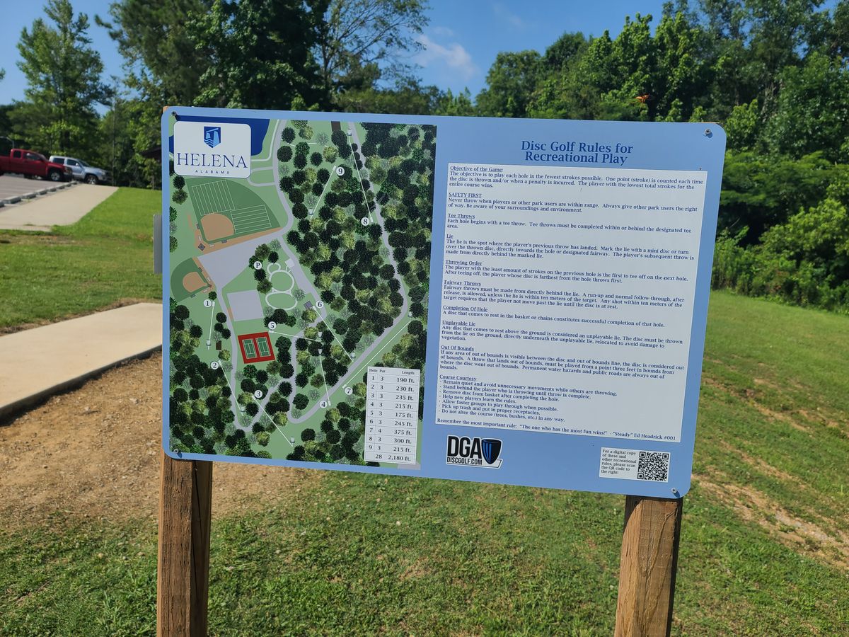 Course map by hole 1. Located in between the tennis court and baseball field
