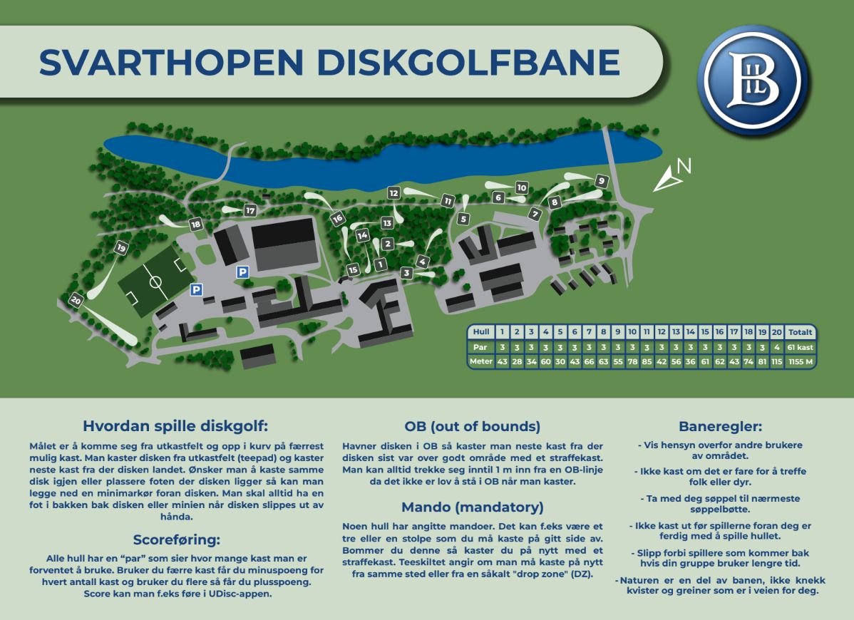 Oversikt over alle hull for Svarthopen Diskgolfbane.