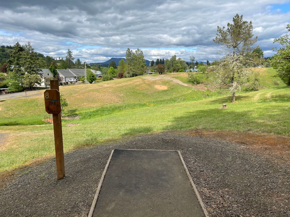 Hole 8 tee pad looking out towards the basket.
