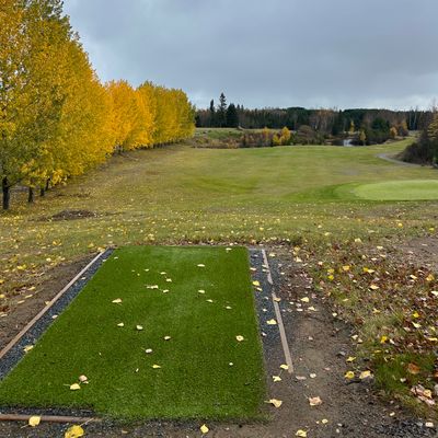 Hole 7 teepad - basket is not to the right, but up on the hill over the pond.