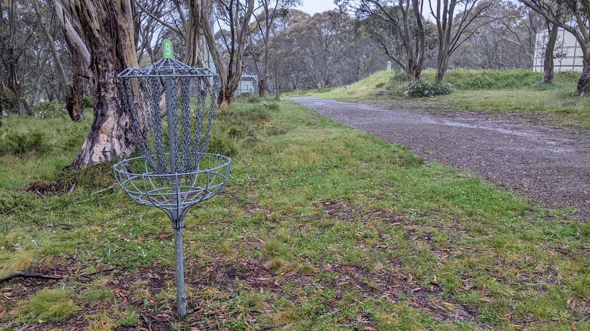 Looking back down fairway from the 9th basket. Tee is down to the hill to the right.