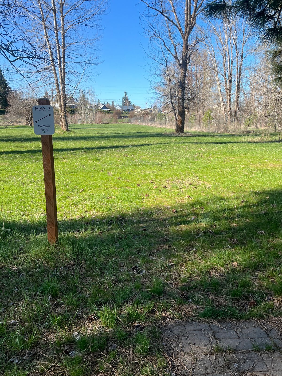 Hole 3 tee pad looking at basket. Basket is just beyond 8’ tall deer fences around wetland areas