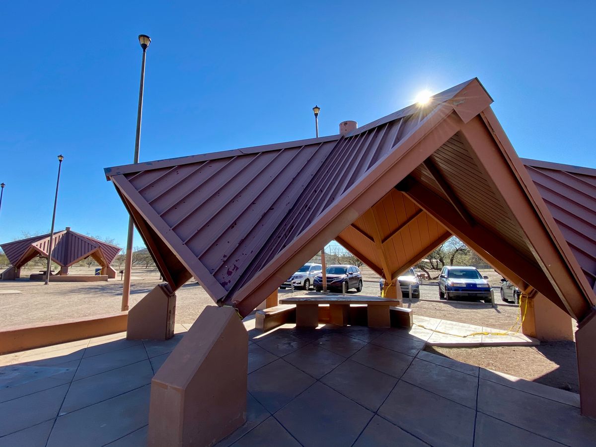 Pavilions offer shade from the scorching sun.