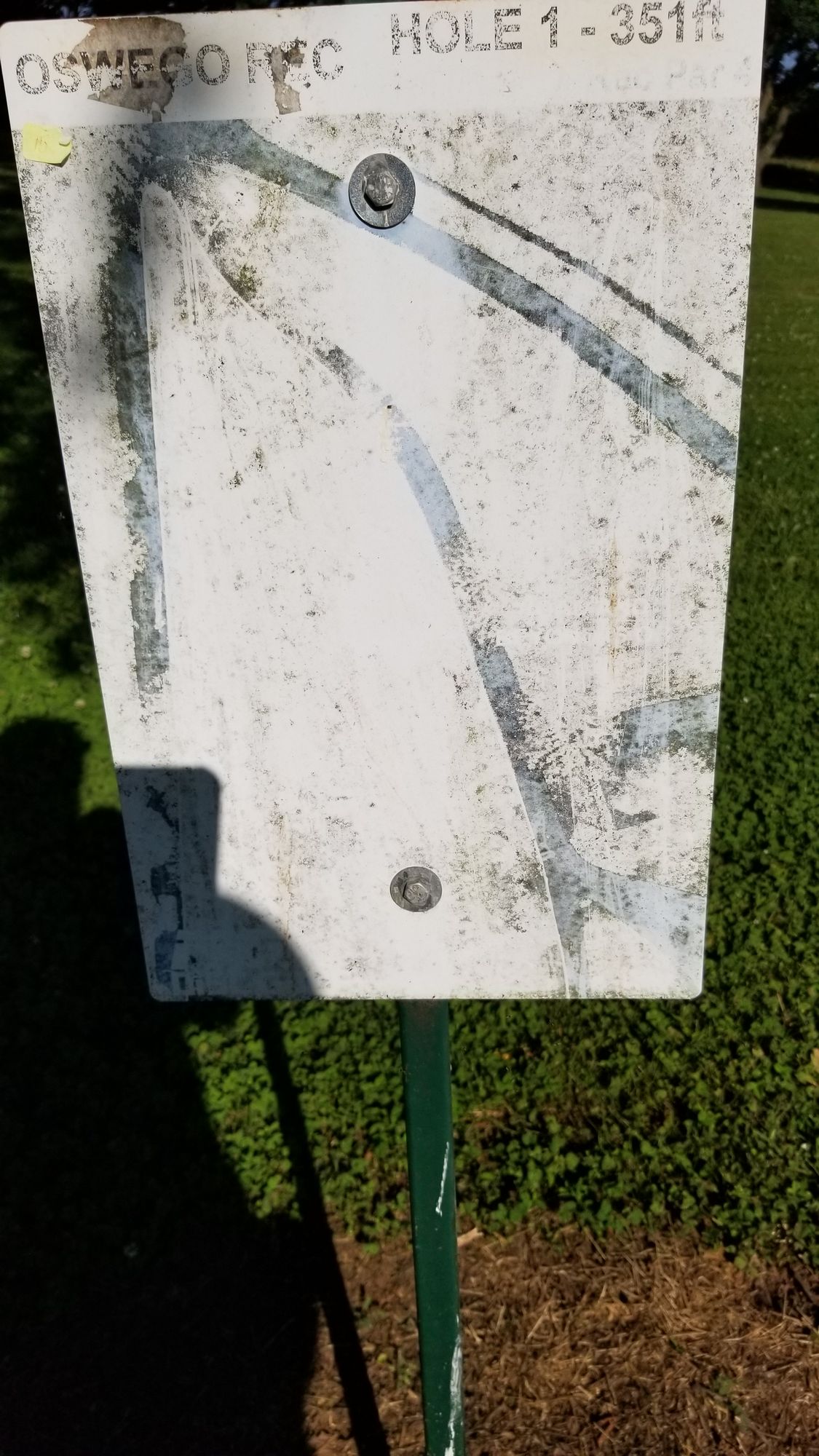 Tee box sign are weather Beatles. Use disc map for holes.