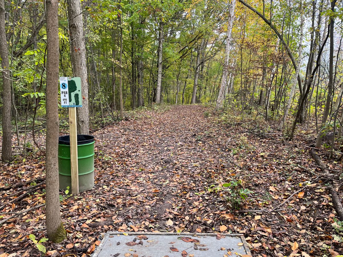 Hole 8 par 4 left to right into the meadow, backhand down the hill back into the woods