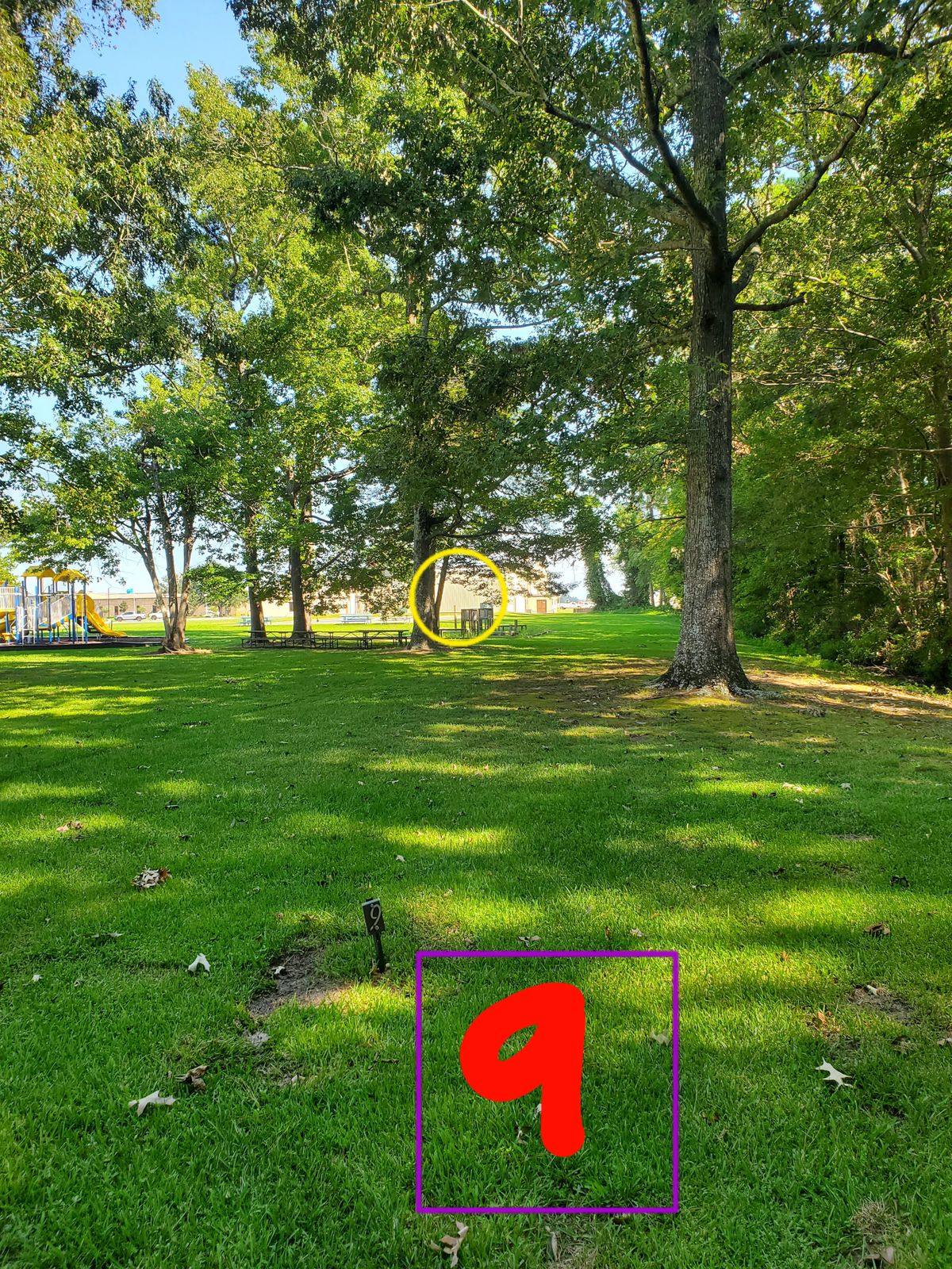 Hole 9
Shoot from marker
Basket is on the far corner of the basketball court.