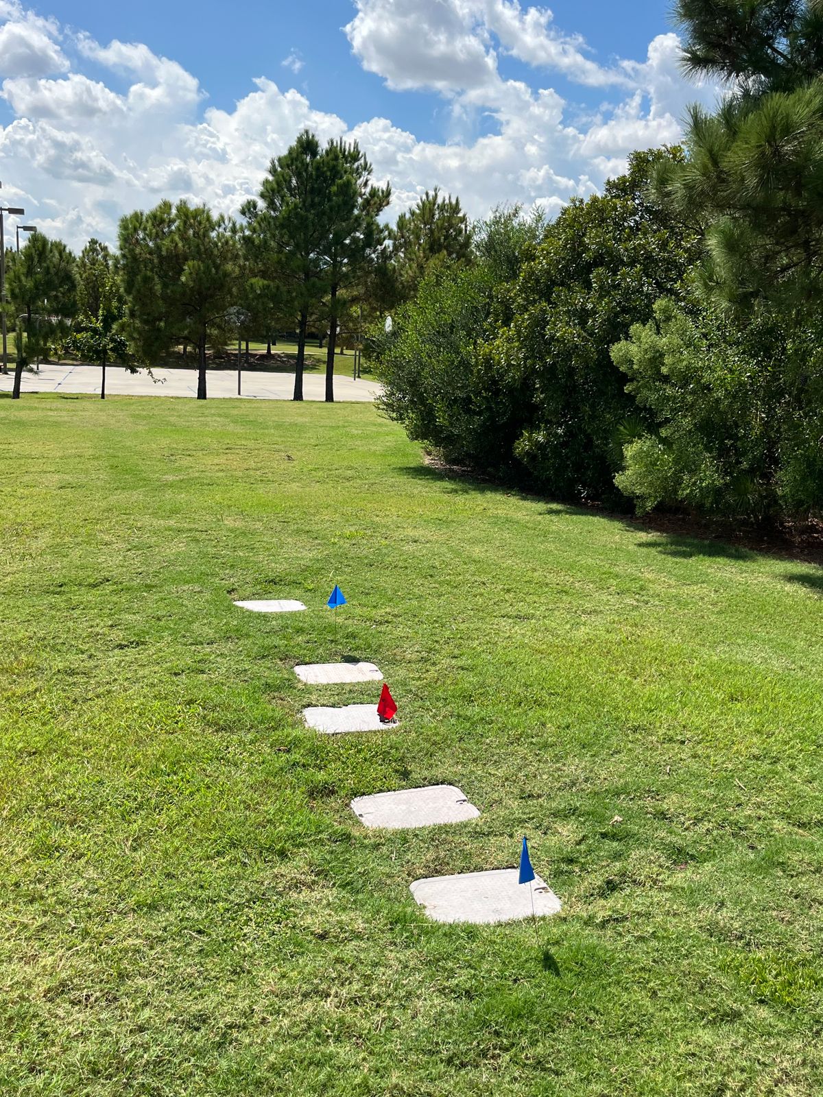 Hole #8 tee box is the utility box farthest from the basket. Dog park and basketball court is OB.