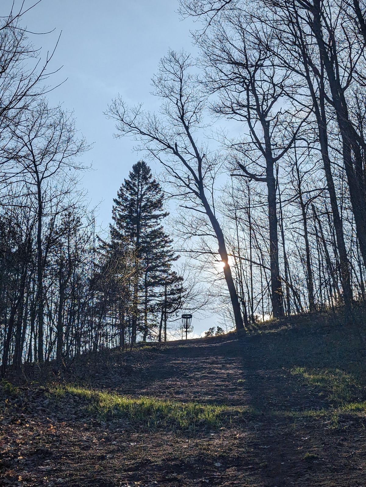 Looking up hole 18 basket.