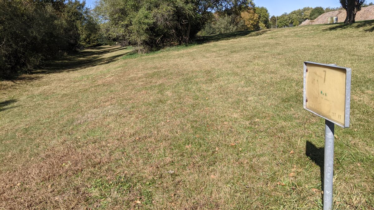 #7 Fairway.  Basket past trees.  Even a tunnel shot through pine trees (if disc lands in that lie).