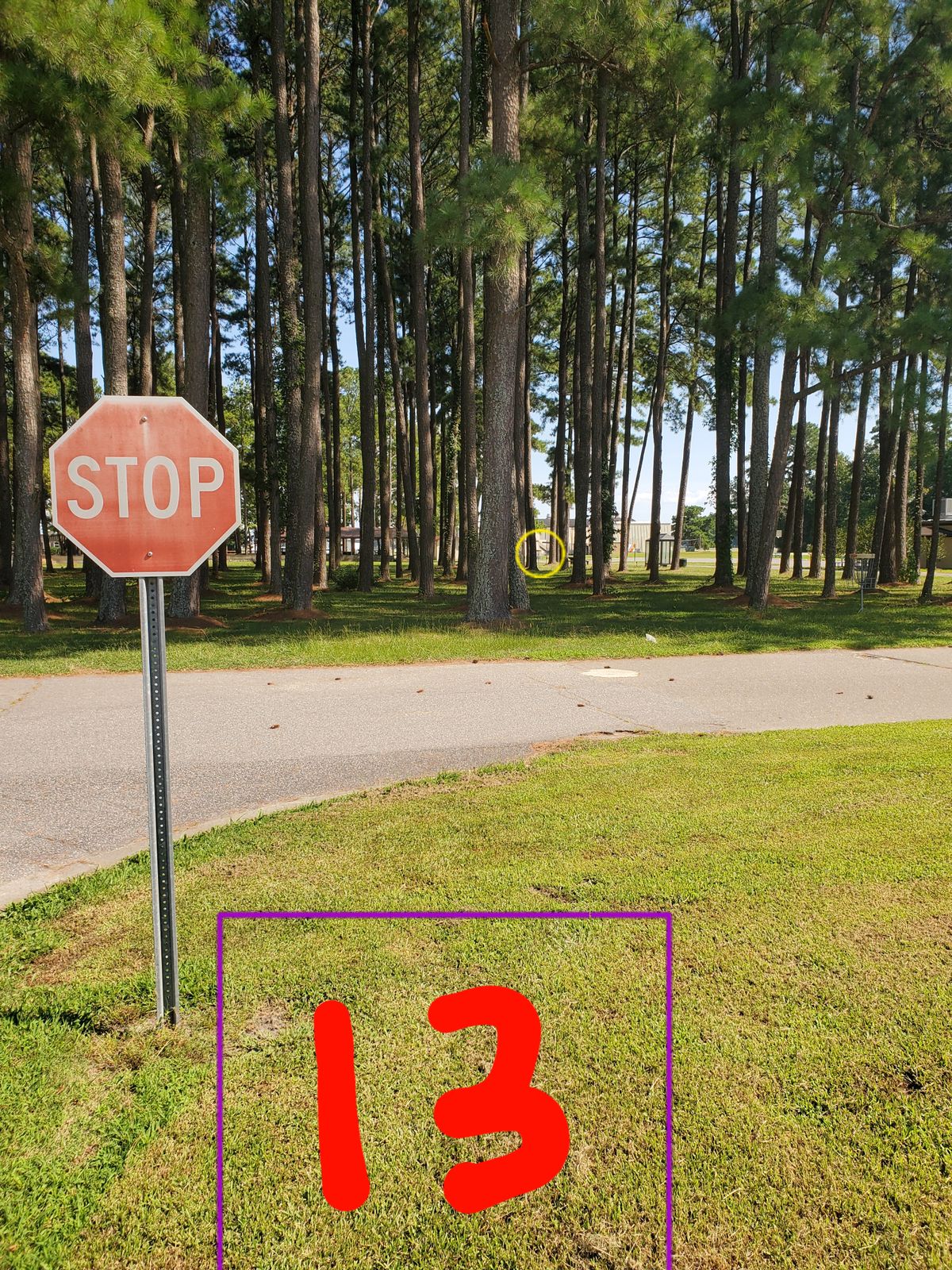 Hole 13
Shoot from stop sign in front of medical
Basket is near bus stop