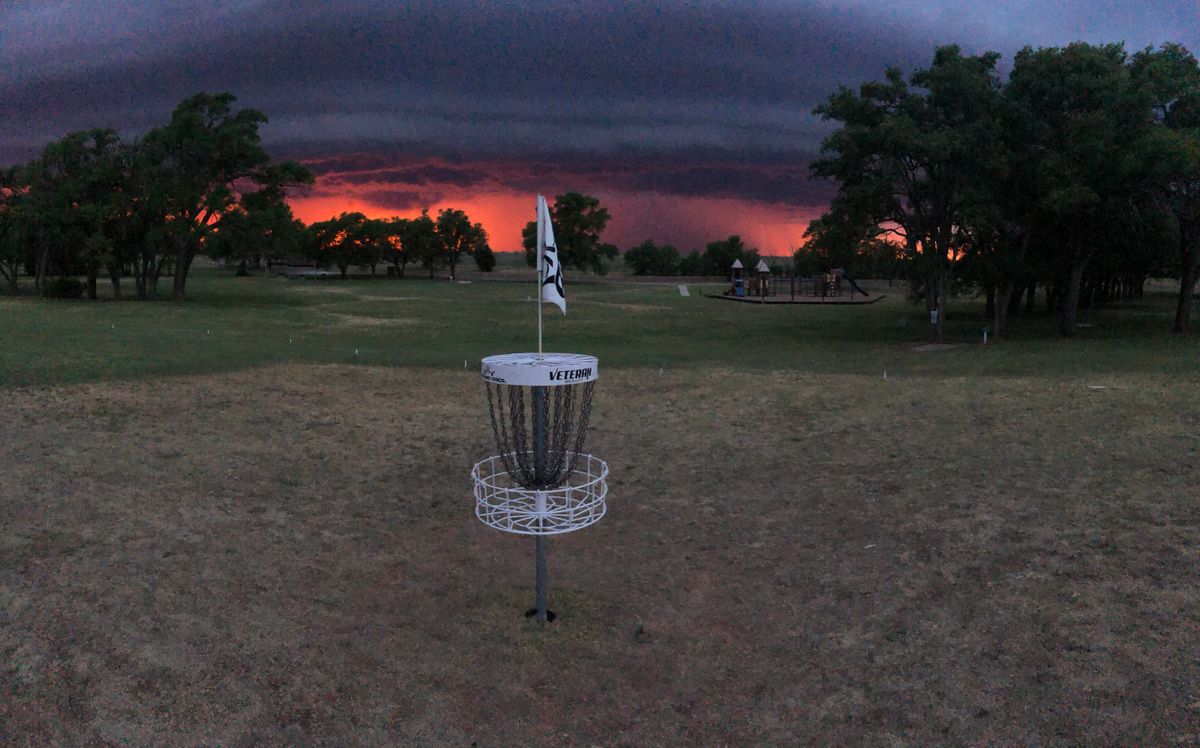 Hole #18 at Ned Houk DGC with a stormy sunset ❤️