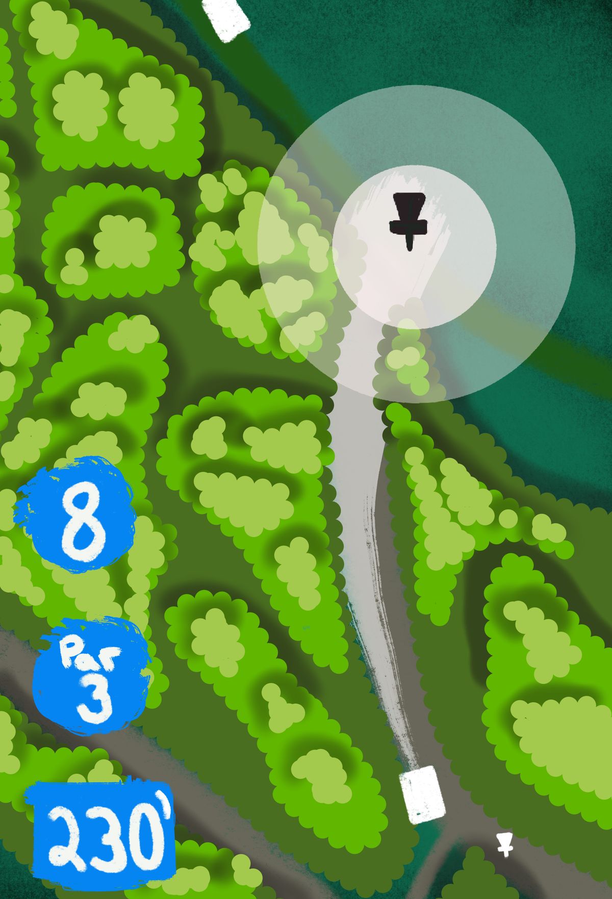 Plays shorter due to downhill. No OB