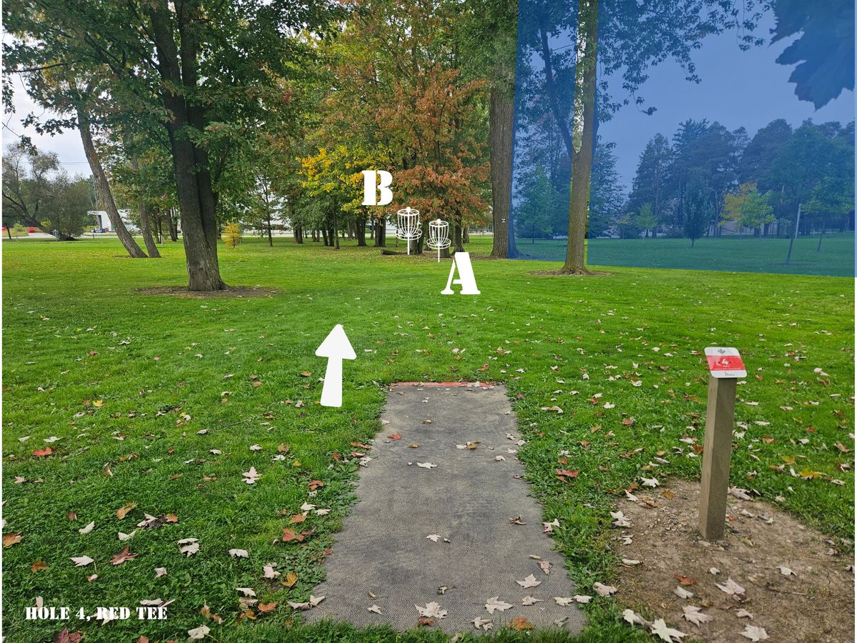 Hole 4 Red Tee, sign indicates Mando tree, drop zone marked by teal bar.
