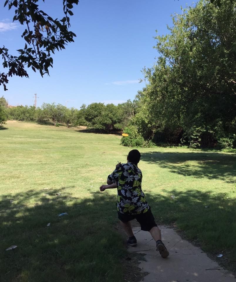 Hole 11. Basket is located on the other side of the field past the big tree on the right.