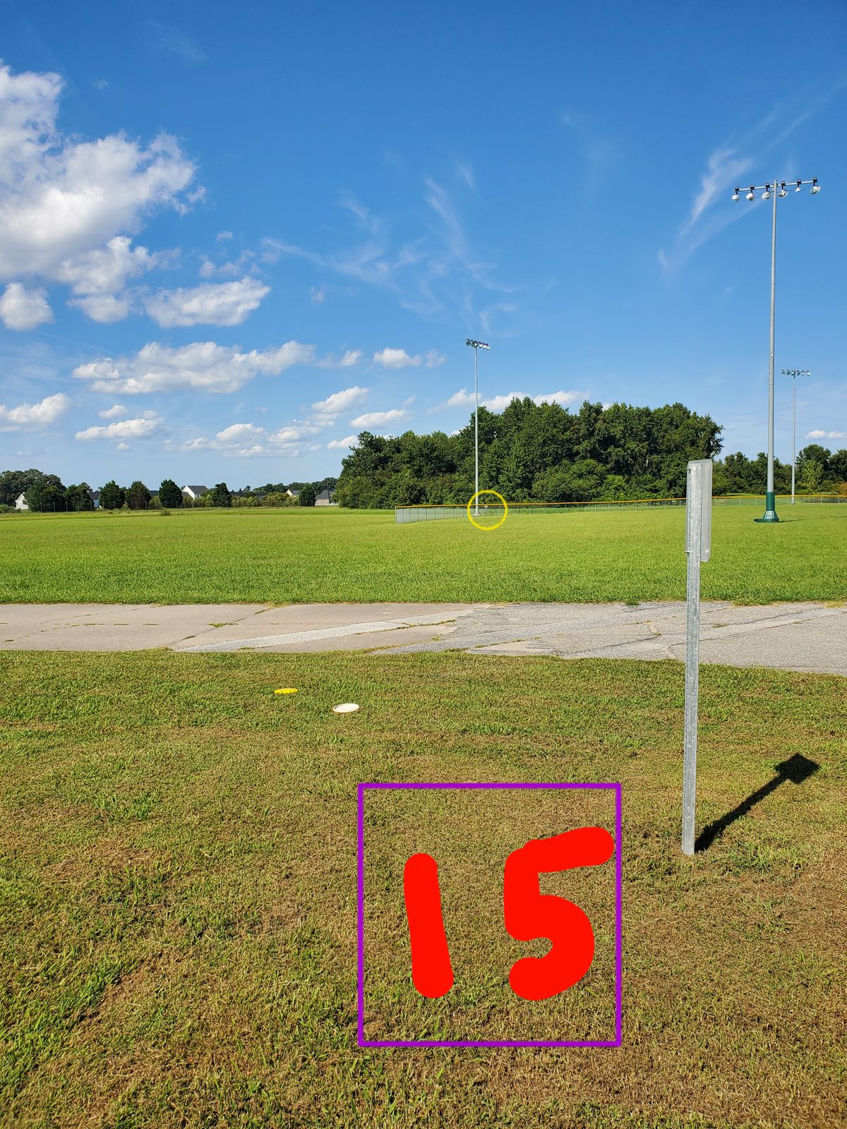 Hole 15
Shoot from sign
Basket is across baseball field