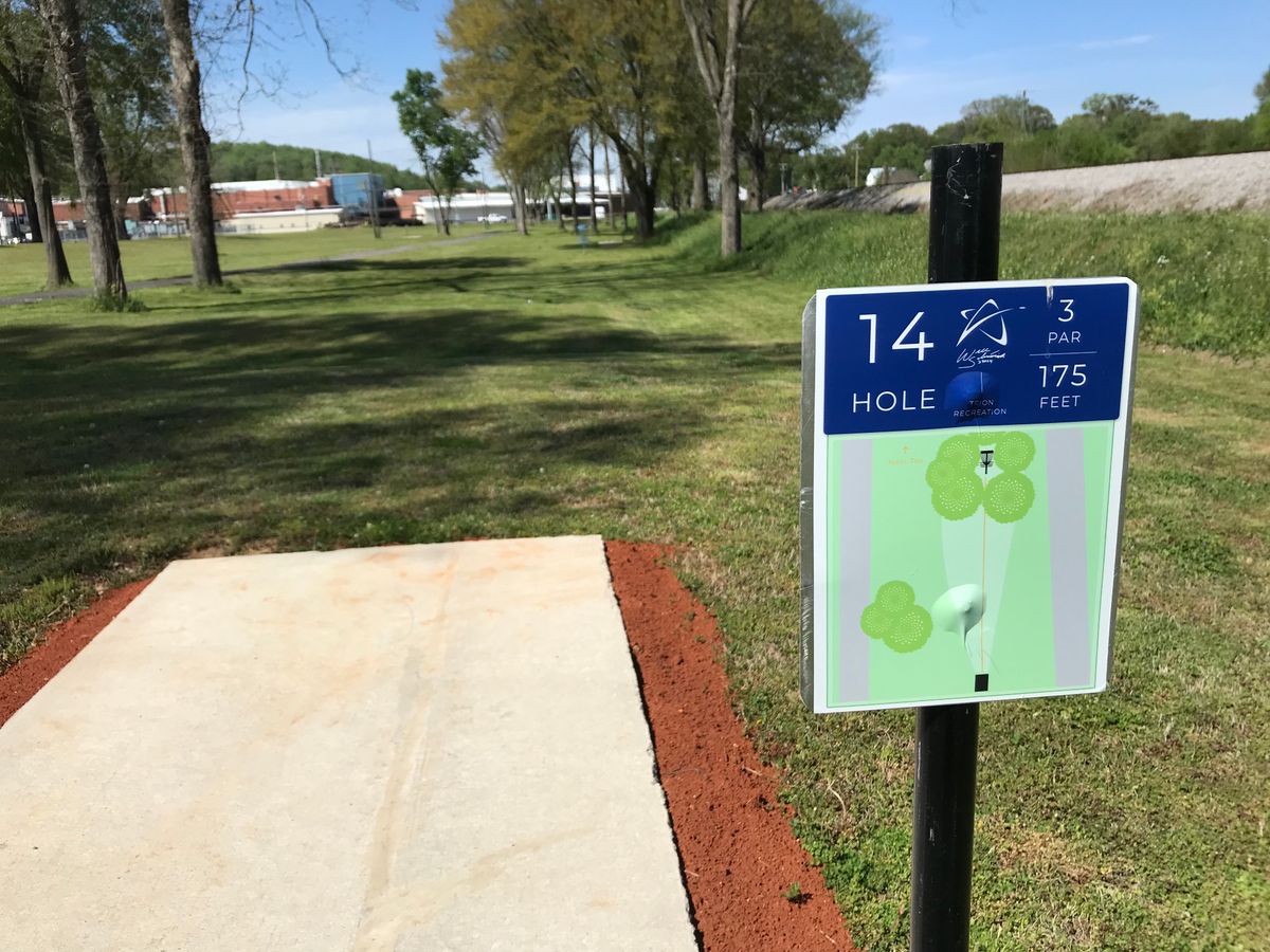 No. 14 tee box looking at basket straight ahead. Course’s shortest hole.