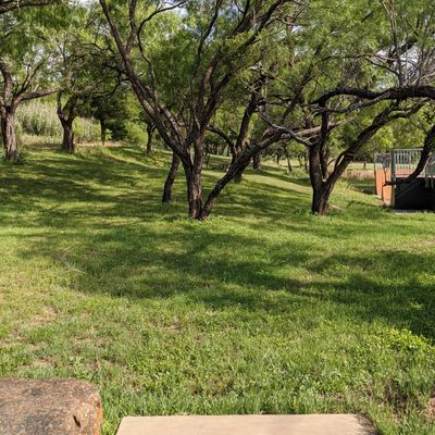 Hole 15 from tee to basket. Be mindful of the mando on the tree that looks like a Y just right of center in the picture.