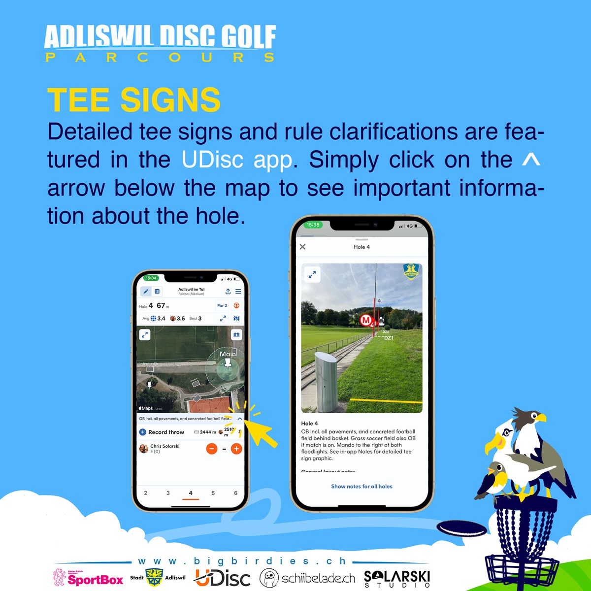 Detailed in-app tee signs and rule details in the UDisc app.