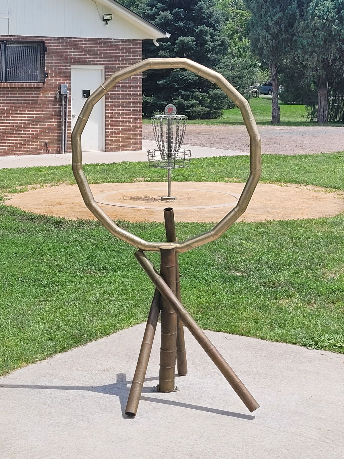Practice basket with nearby art instalation.