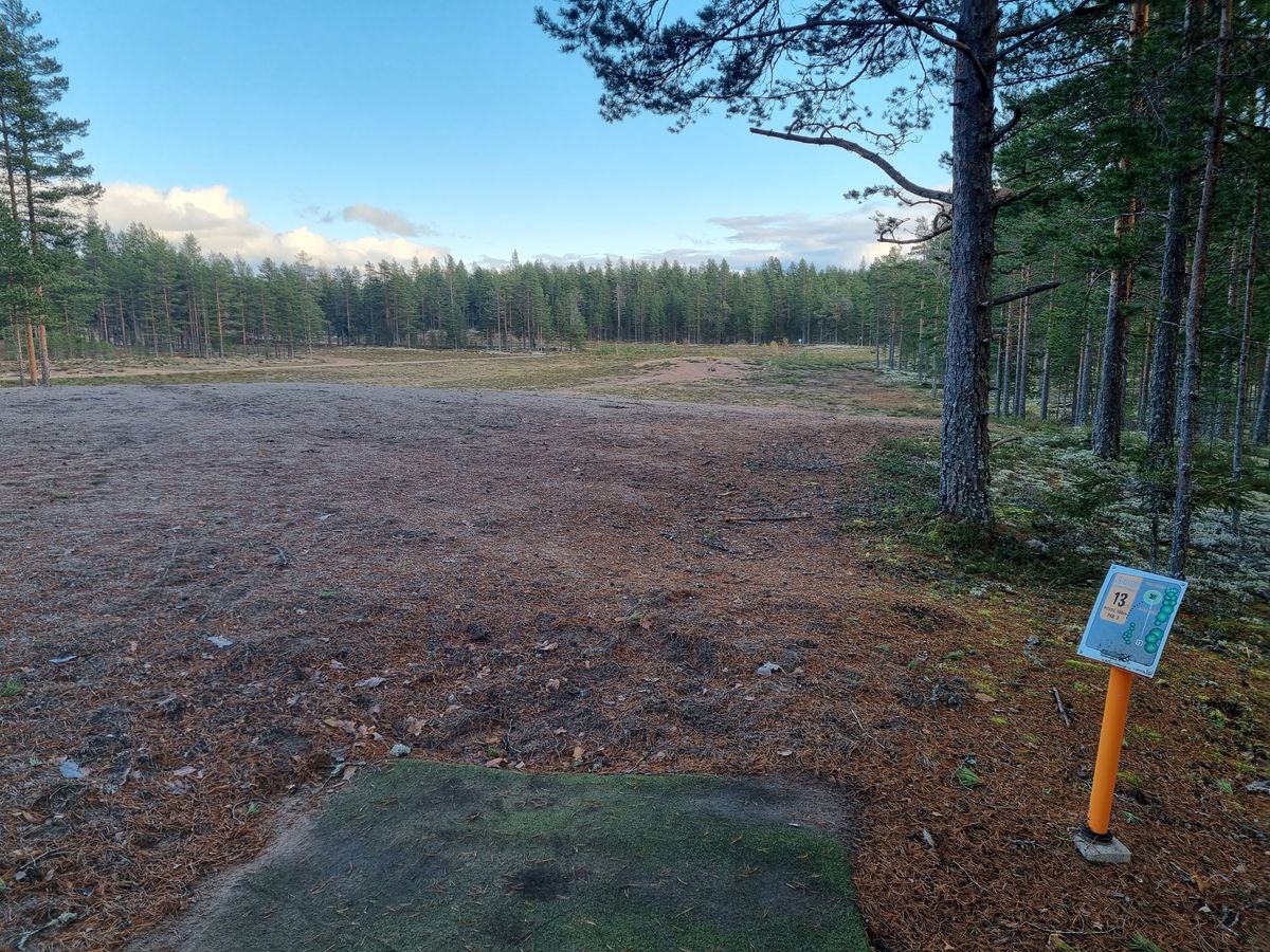 Väylä 13, avoin heitto alas kohti saariviheriötä, saaren merkinnät ajoittain poissa käytöstä