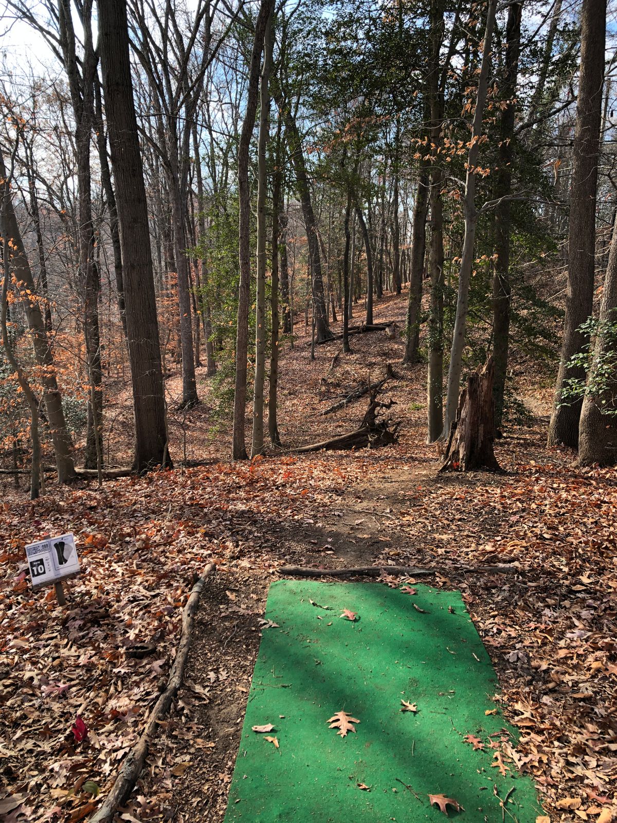 Hole 10 tee (dogleg right w/ OB field and fence on right; fairway slopes right to left)