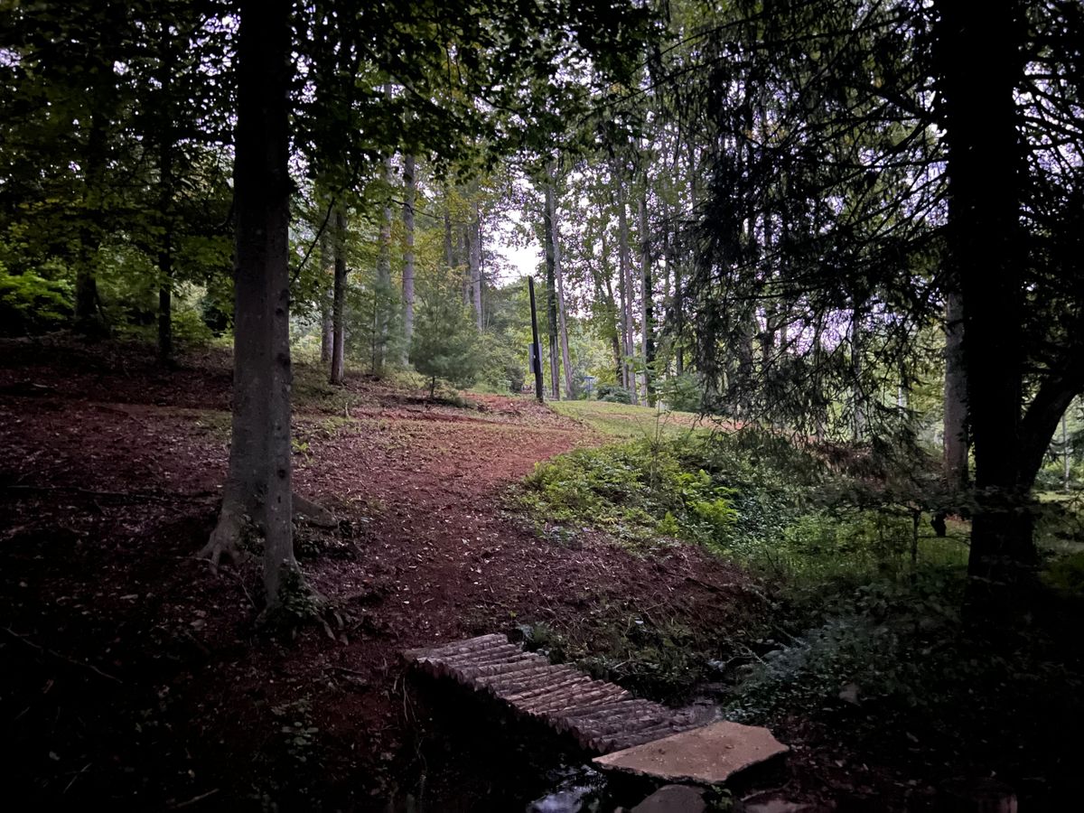 Hole 9 fairway. Creek OB. Short tee pad from in front of the bridge.