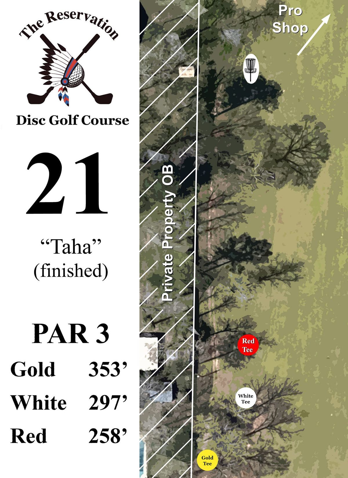 A medium distance par 3 to end the course with approaches from the left or right around a large oak tree and OB to the left.