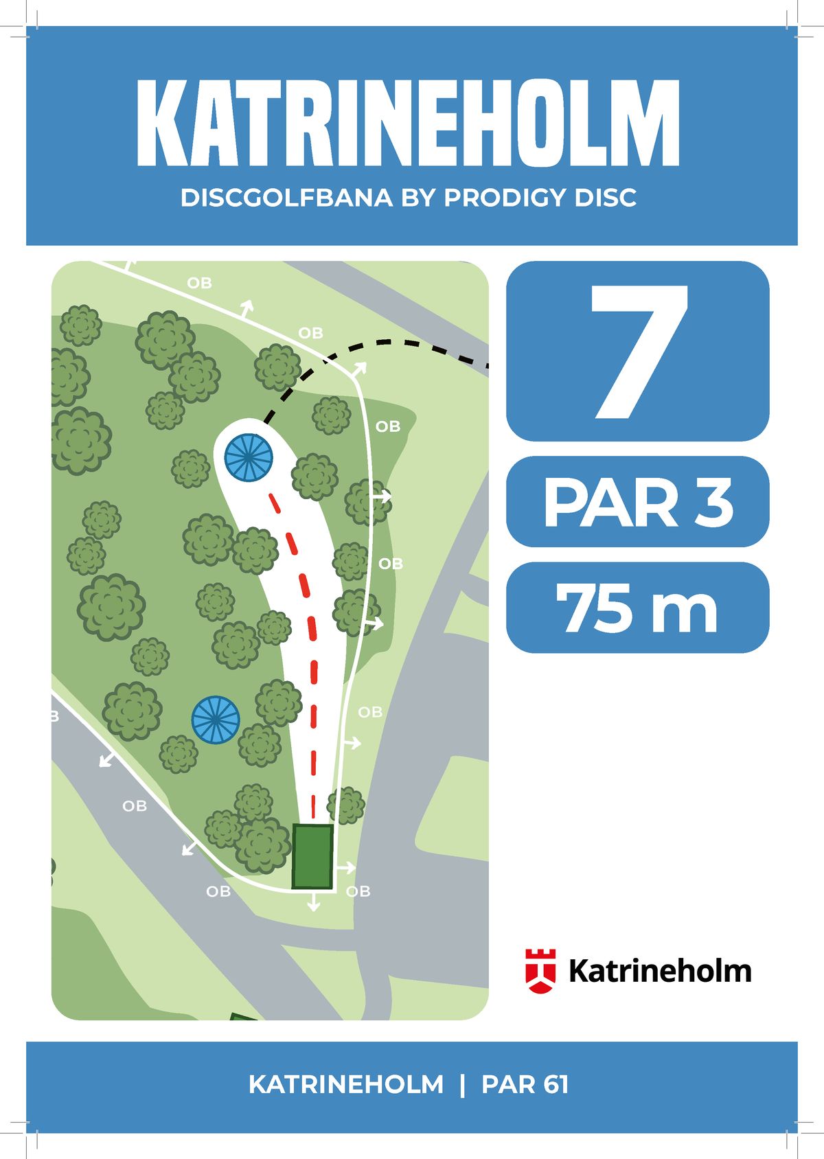 Hålkarta 7, par 3, 75 m. Nytt 2024: OB-linje går nu bakom tee för att inte stå OB vid utkast.