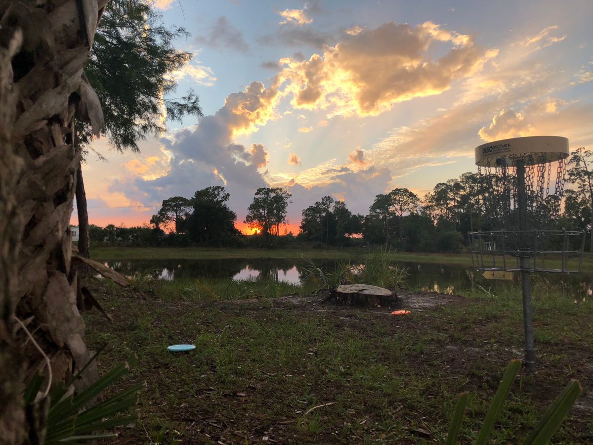 View by hole 7 basket at sunset