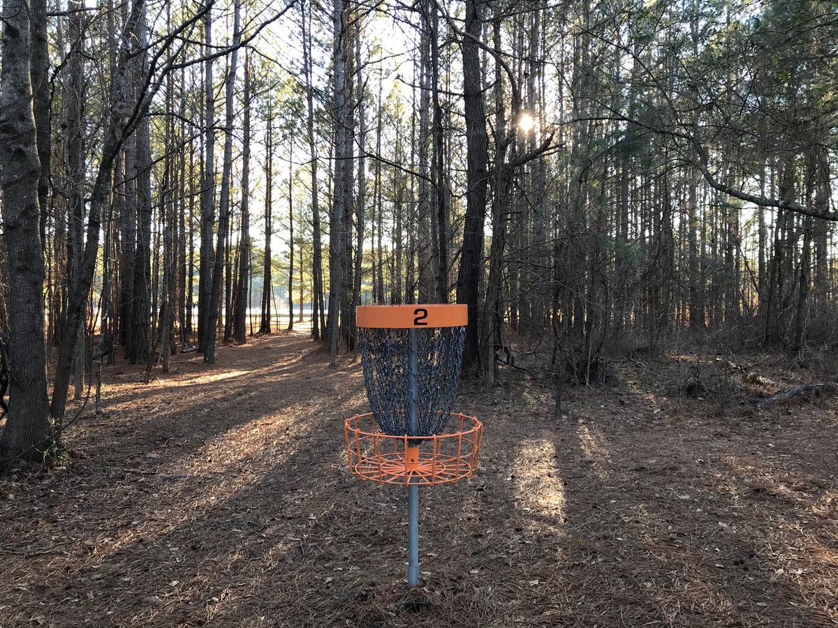 Course 2, basket 2 looking back at tee. Course 2 is orange baskets, Course 1 is yellow baskets.