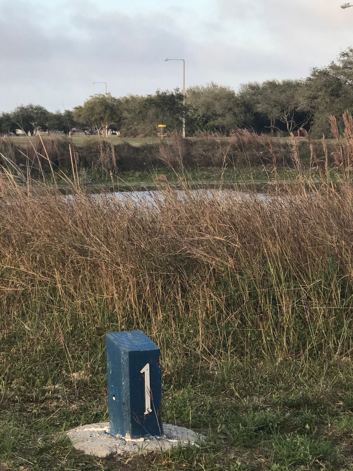 Hole one straight shot over a pond.