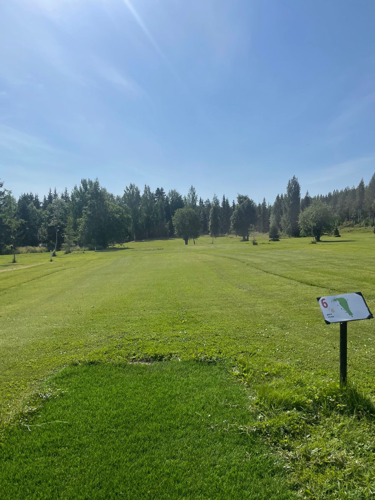 väylä 6 on 155m pitkä avoin väylä jonka kori on sijoitettu pieneen taskuun metsään.
