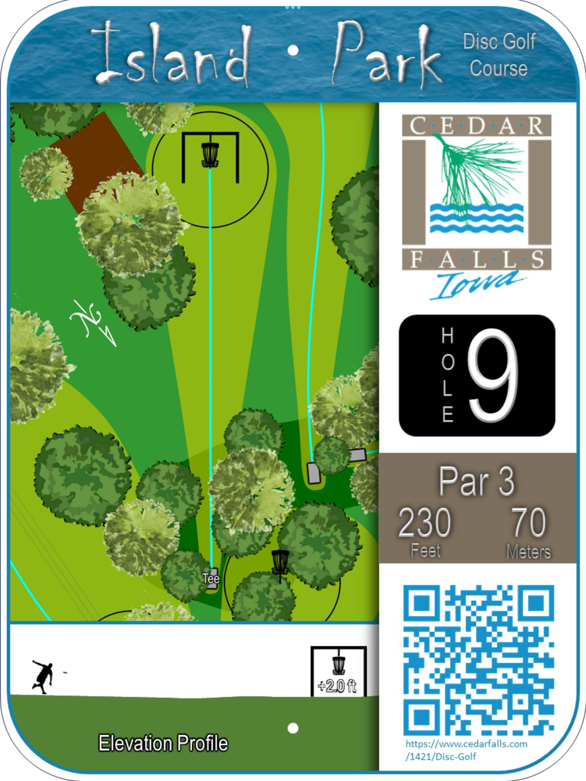 Hole 9 Tee Sign - Elevated hanging basket on a sand bed serve as the last hole of the course.