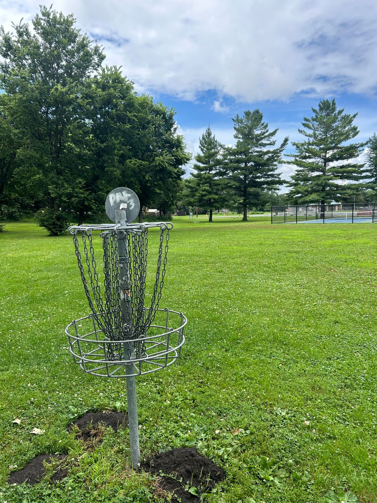 Hole 1 basket looking back towards teepad