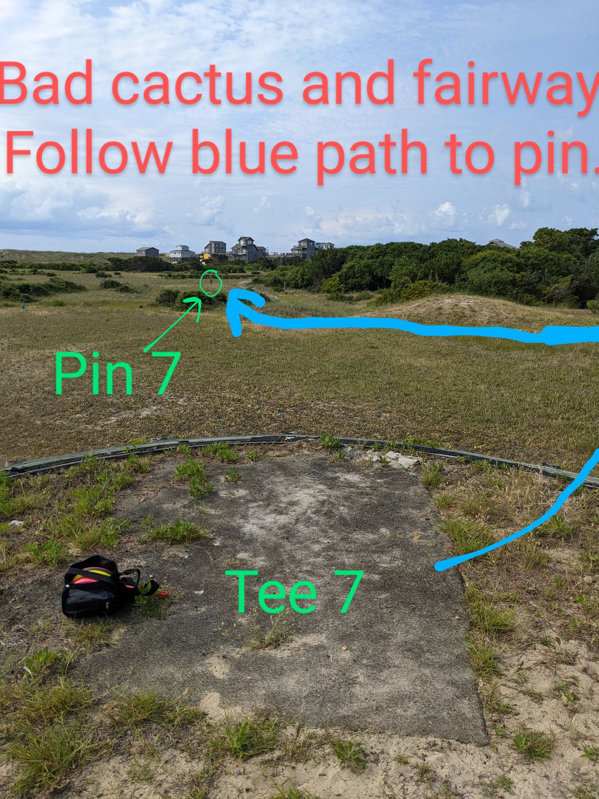 Thick cactus in fairway, go back under the awning and follow the gravel path on the far side of the awning to get to the pin