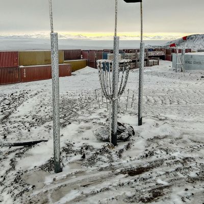Covered in rime frost and not all baskets are set up due to construction.