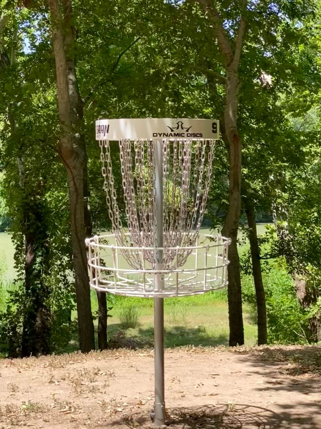 Hole 9’s basket with the Colorado River in the background.
