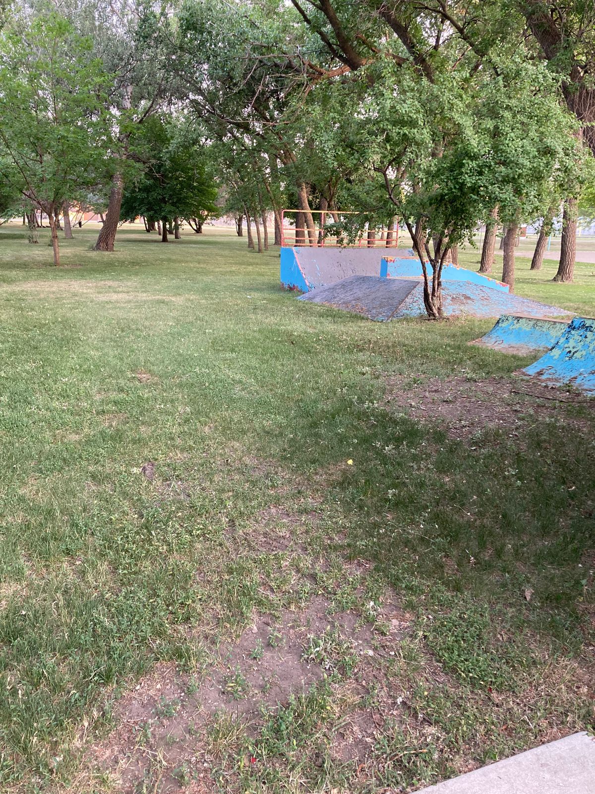Tee 8, missing hole # marker (temporary obstruction? Old skate ramps, blocking near tee)